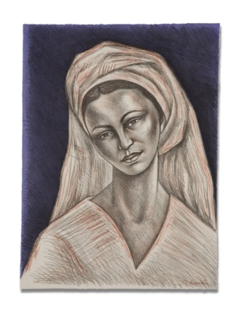 石版画 Anguiano - Mujer con rebozo blanco
