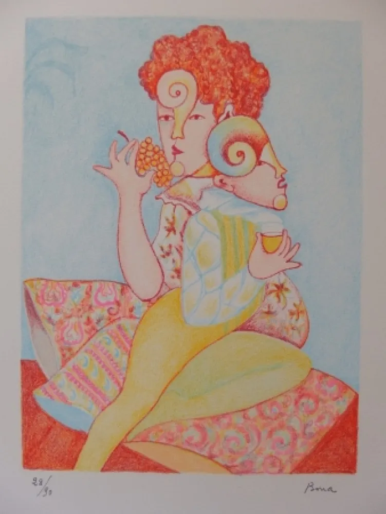 石版画 Bona - Mangeuse de raisin, buveur de vin