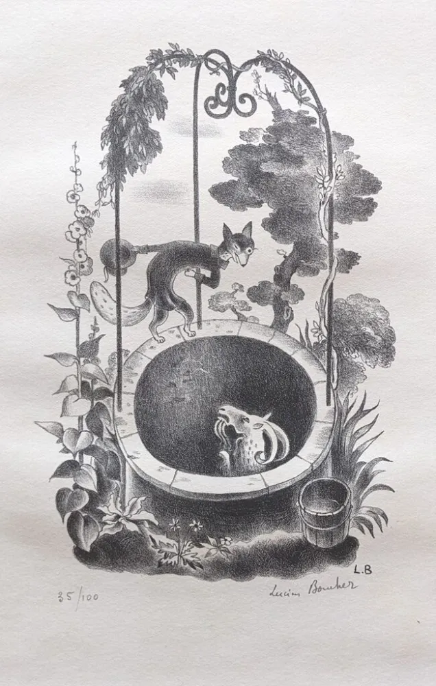 石版画 Boucher - Le Renard et le Bouc