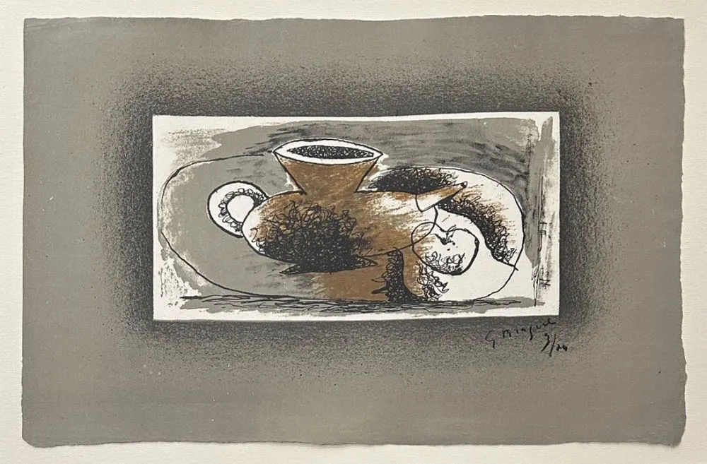 石版画 Braque - Théière sur fond gris