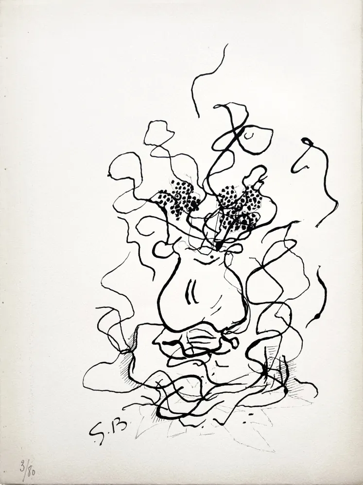 石版画 Braque - VASE ET FLEURS - Bouquet de fleurs (1952)