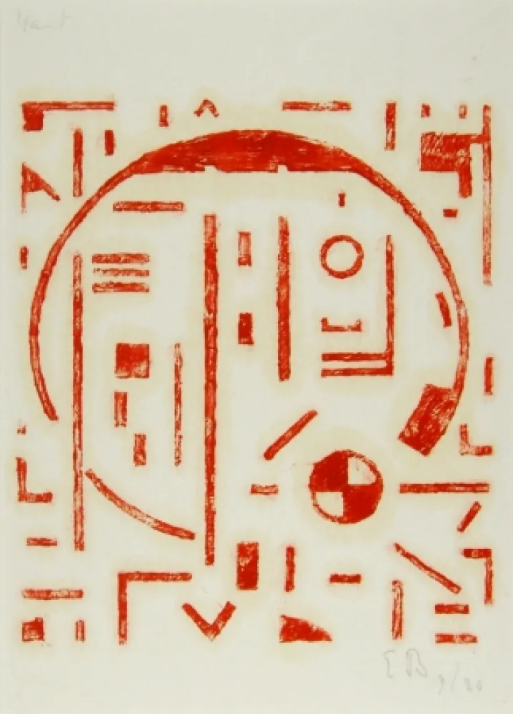 木刻 Buchholz - Großer Kreis mit kleinem Kreis rot (Big cercle with small cercle red)