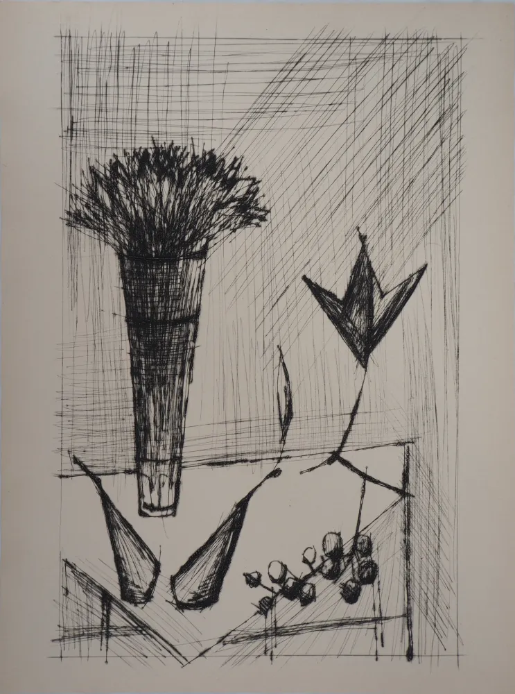 版画 Buffet - Nature morte aux bouquet et aux fruits