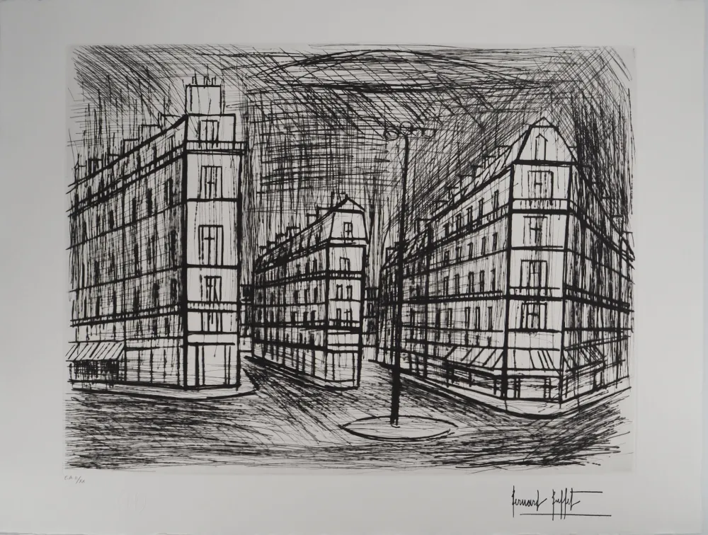 版画 Buffet - Paris, les immeubles Haussmanniens : La place de Dublin