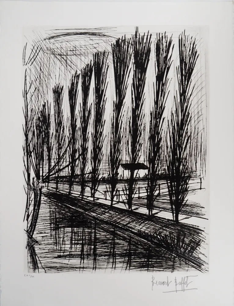 版画 Buffet - Peupliers au bord du canal