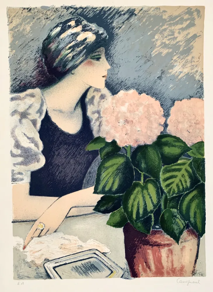 石版画 Cassigneul  - Jeune Femme au Hortensia