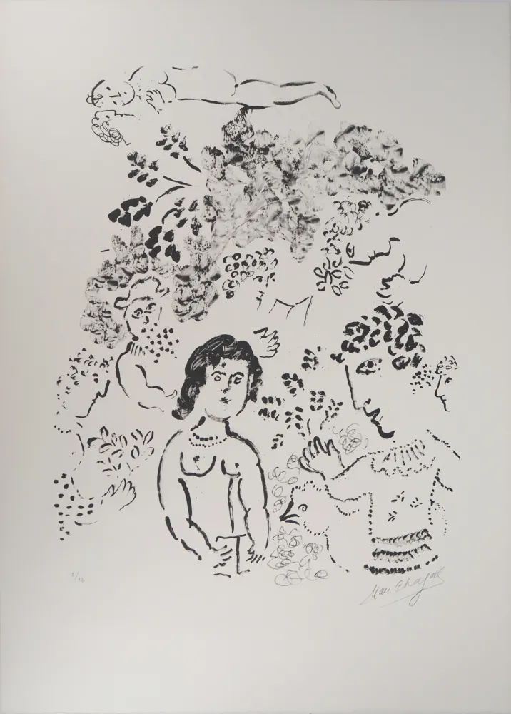 石版画 Chagall - Amoureux au bouquet et au coq