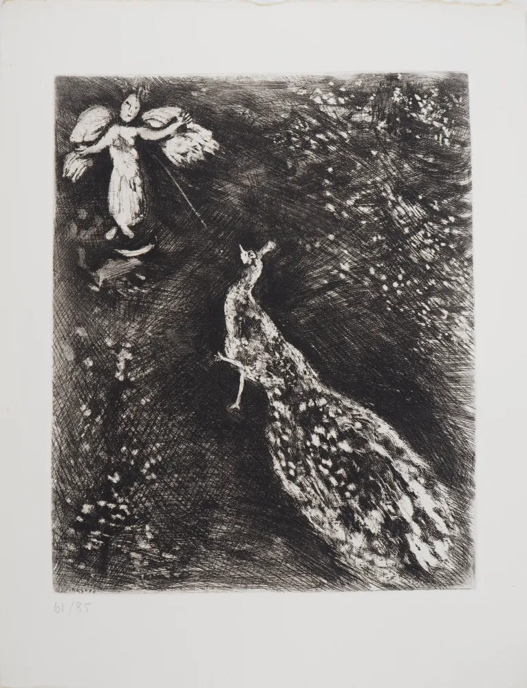 版画 Chagall - L'ange et le paon (Le paon se plaignant  Junon)