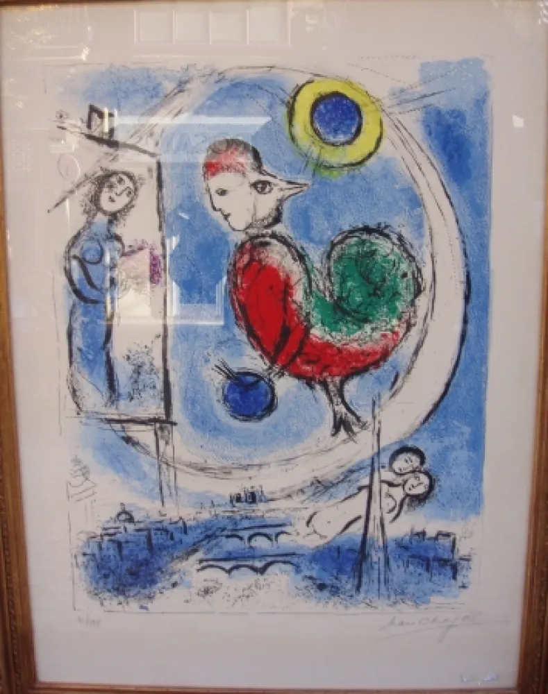 石版画 Chagall - Le coq sur Paris 