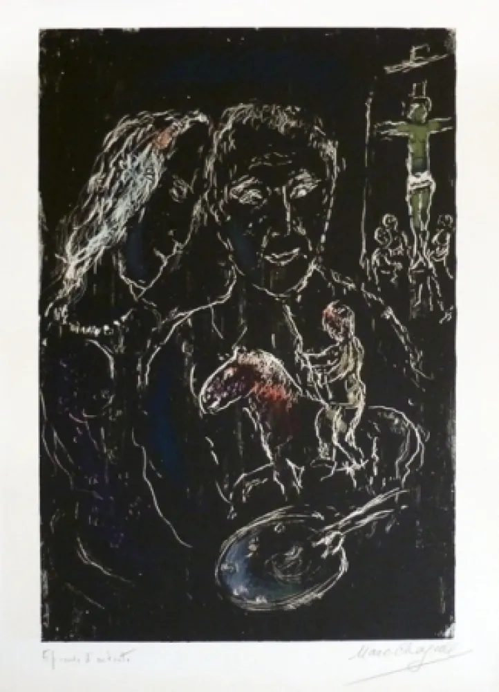 石版画 Chagall - Le peintre sur fond noir