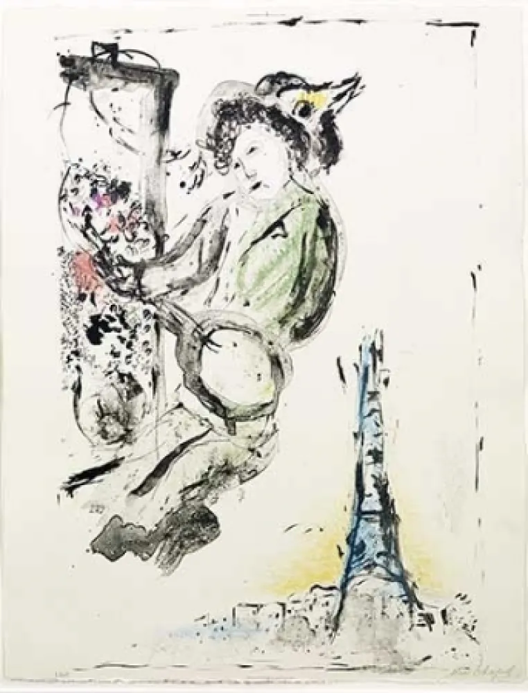 石版画 Chagall - Le peintre sur Paris
