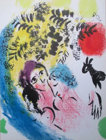 石版画 Chagall - Les Amoureux au soleil rouge
