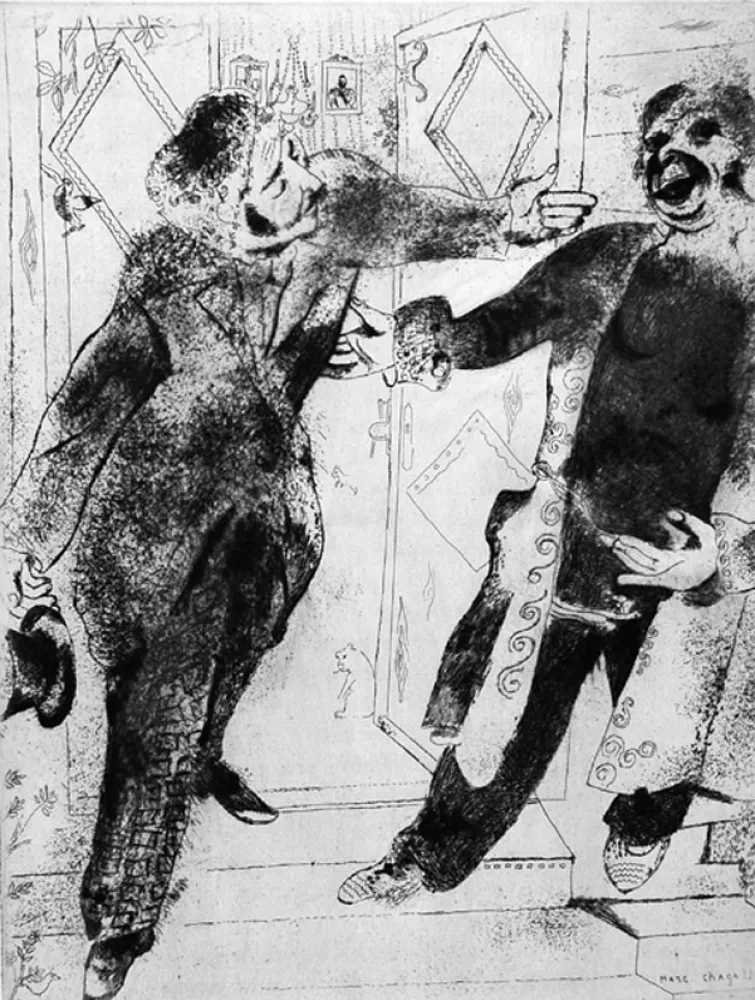 蚀刻版画 Chagall - Manilov et Tchitchikov sur le seuil de la porte