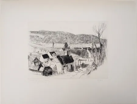 版画 Clairin - Paysage de campagne, village de Saint-Loup