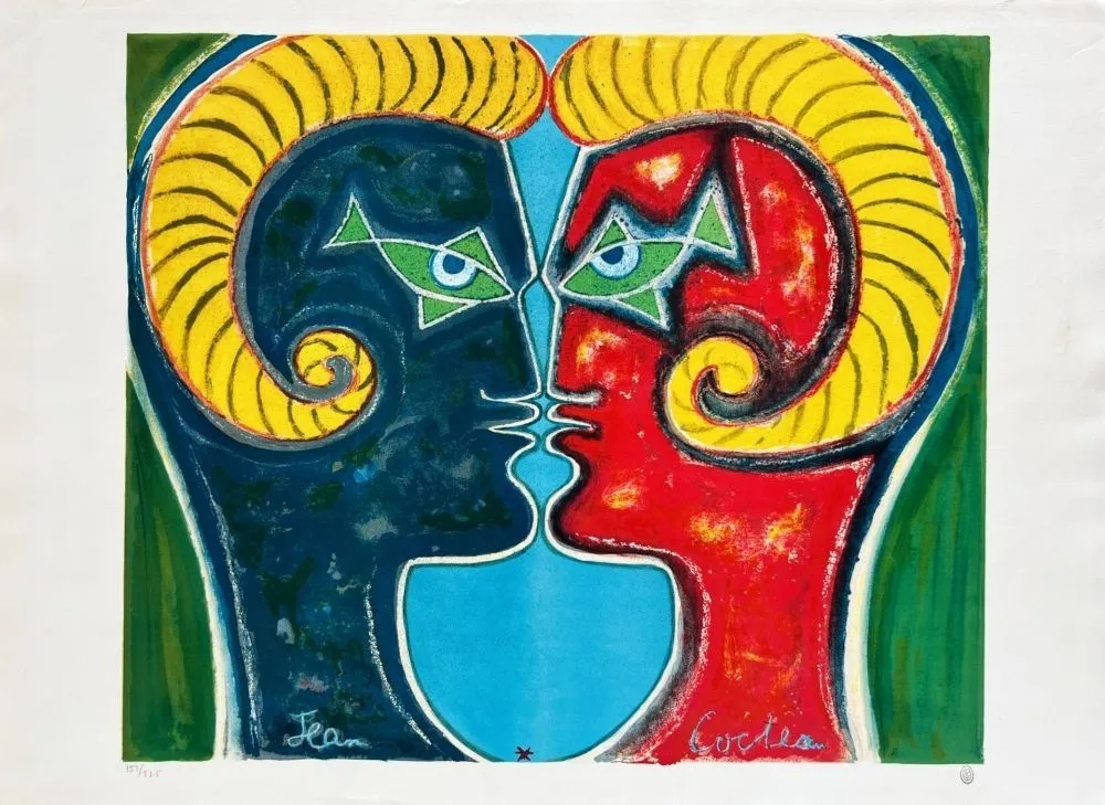 石版画 Cocteau - Double profil d'hommes béliers
