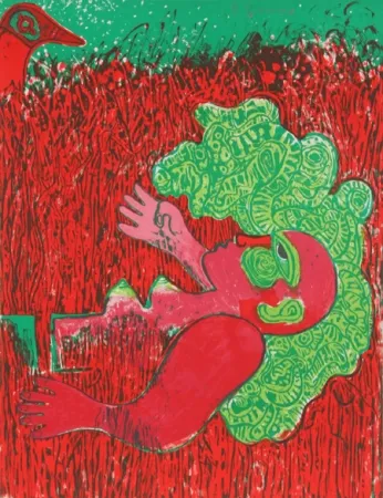石版画 Corneille - Dans l'infinie verticalite de l'herbe la femme