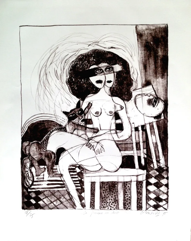 石版画 Corneille - Femme au chat 