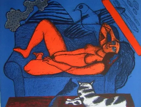 石版画 Corneille - Femme au divan bleu