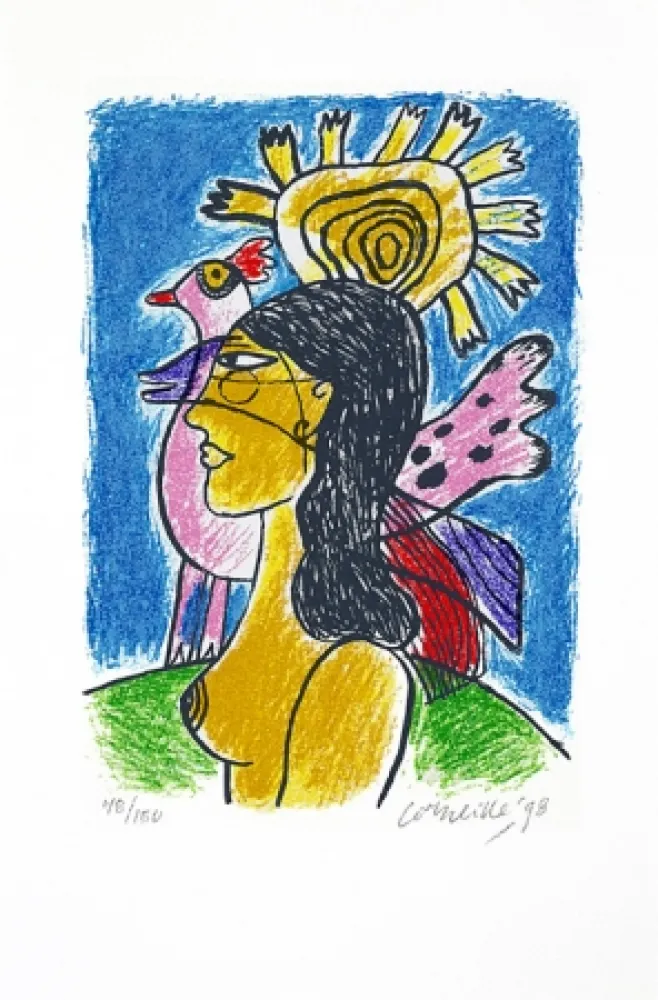 丝网印刷 Corneille - Femme et oiseaux II