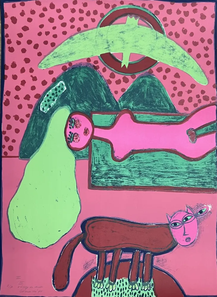 石版画 Corneille - Grande lithographie Le visage de chat 1974 E/A