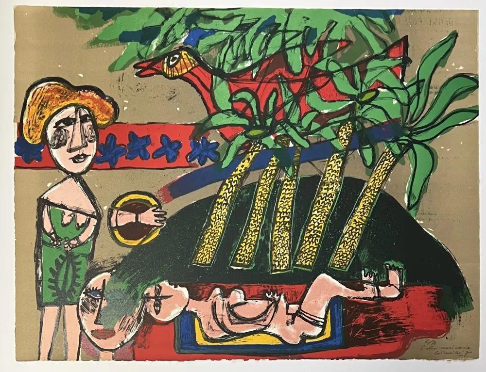 石版画 Corneille - Lithographie Scène Mexicaine 1970