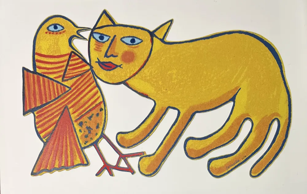 复数作品 Corneille - Sculpture en métal : Chat et oiseau