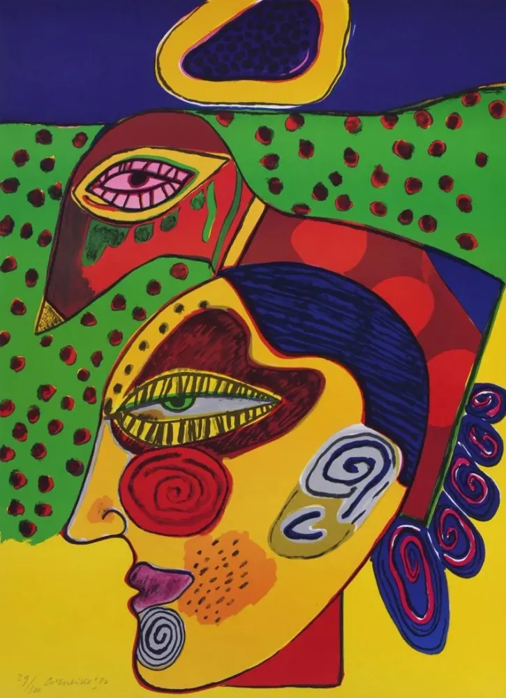 石版画 Corneille - Tête de femme et oiseau pensif