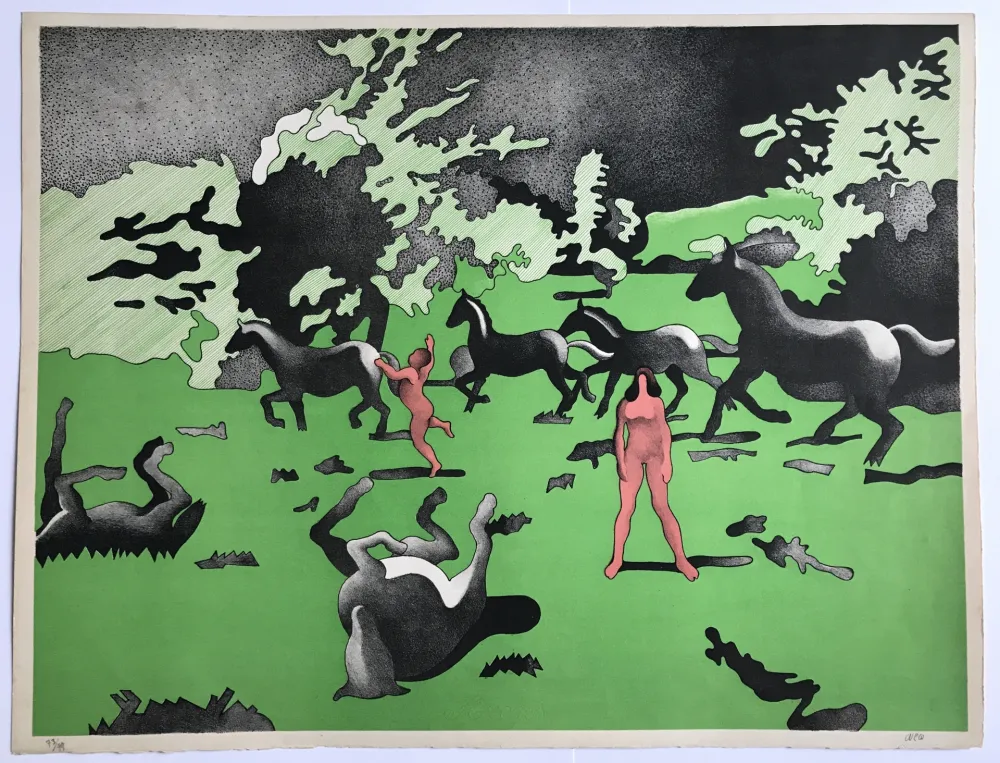 石版画 Cueco - Sans titre (chevaux et bergers)