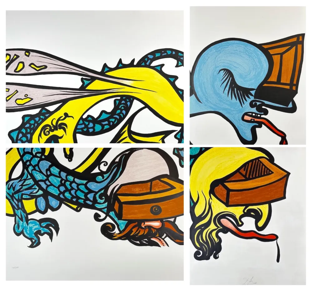 石版画 Dali - Vitraux in Four Sheets Puzzle of Life