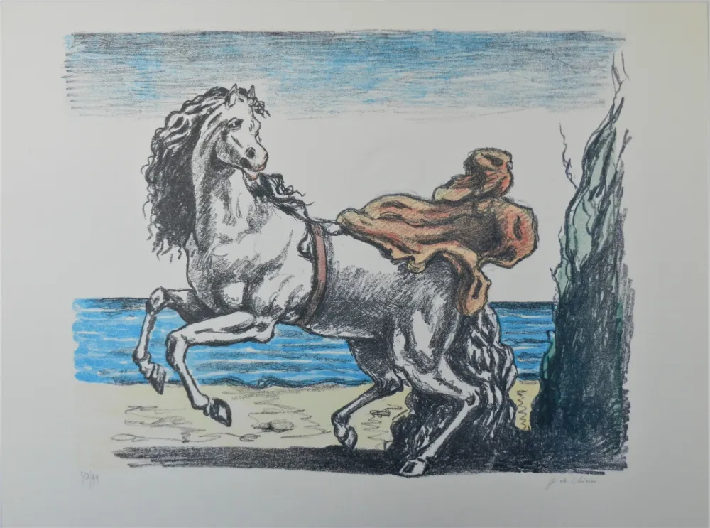 石版画 De Chirico - Cavallo con manto (seconda versione)