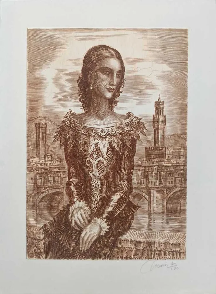 蚀刻版画 Decaris - Pensive woman in Renaissance Florence