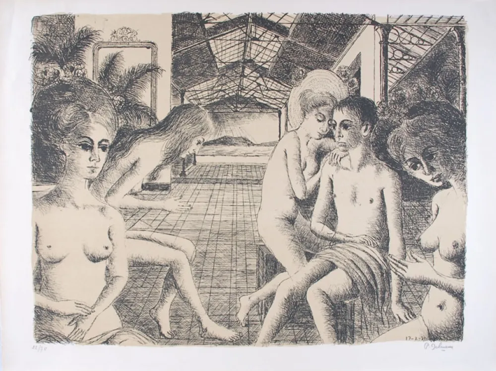 石版画 Delvaux - L'Amoureux