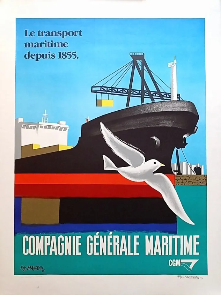 石版画 Fix-Masseau - Pierre Fix-Masseau - Compagnie Generale Maritime, 1993 - Lithograph Hand signed!