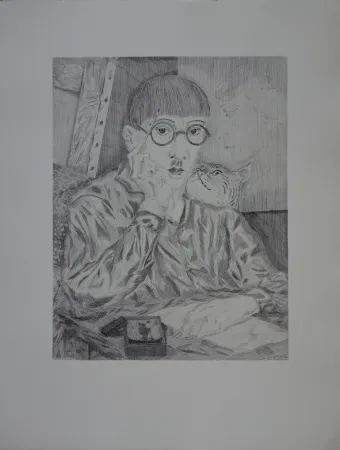 版画 Foujita - Autoportrait au chat