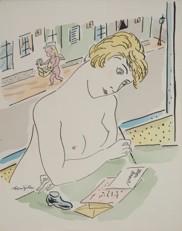 版画 Foujita - La lettre d'amour