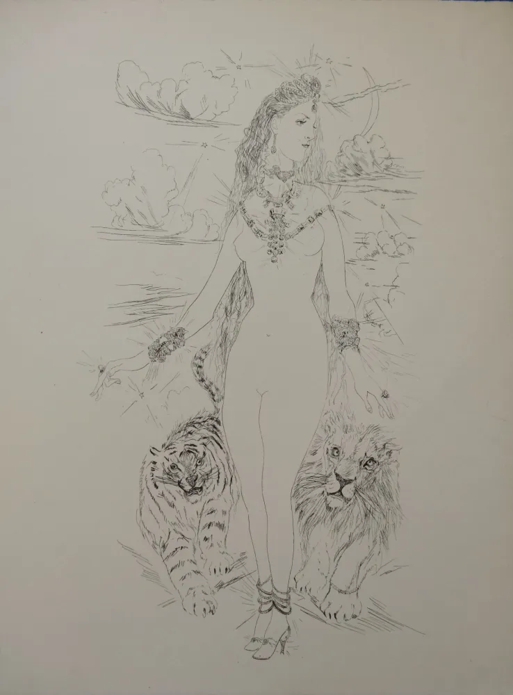 版画 Foujita - La Rivière Enchantée - Nu aux tigres