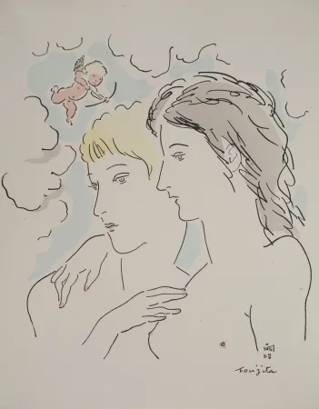 版画 Foujita - Les amantes