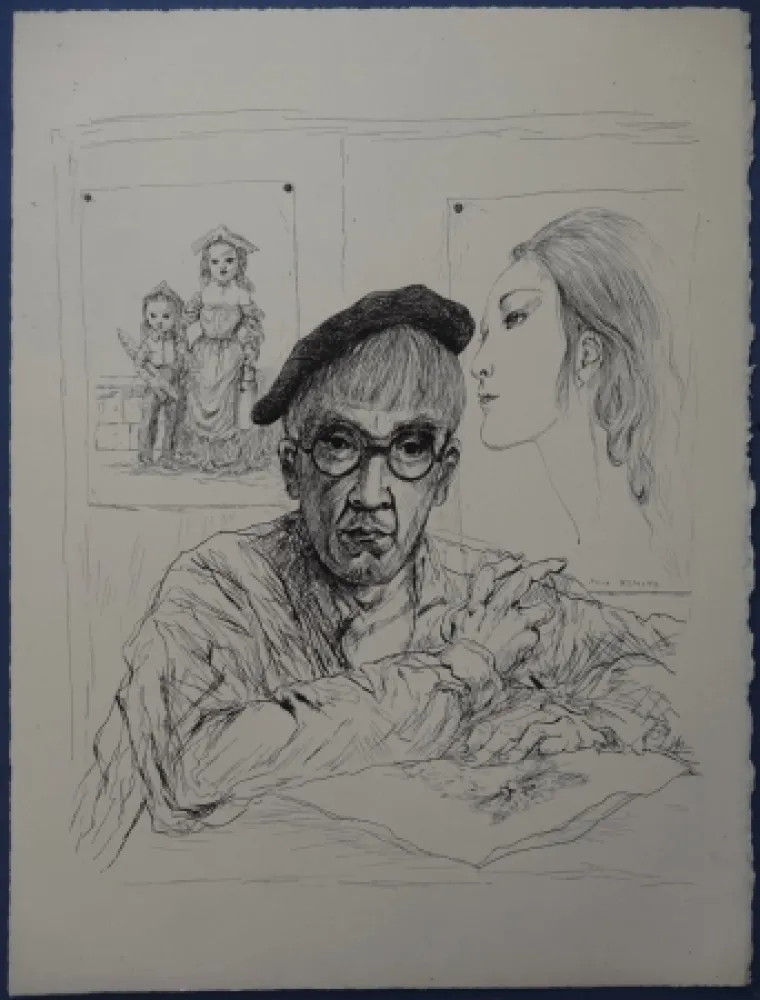 蚀刻版画 Foujita - Rivière enchantée - Autoportrait