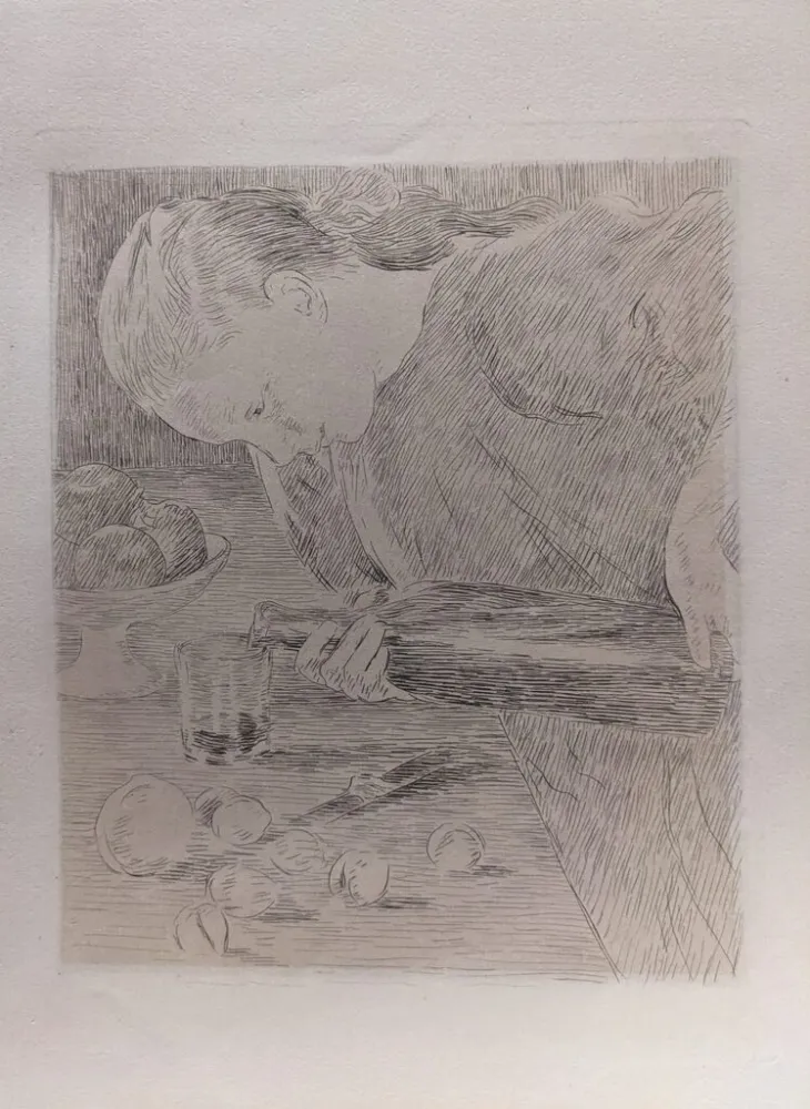 版画 Guiguet - L'Enfant à la Bouteille