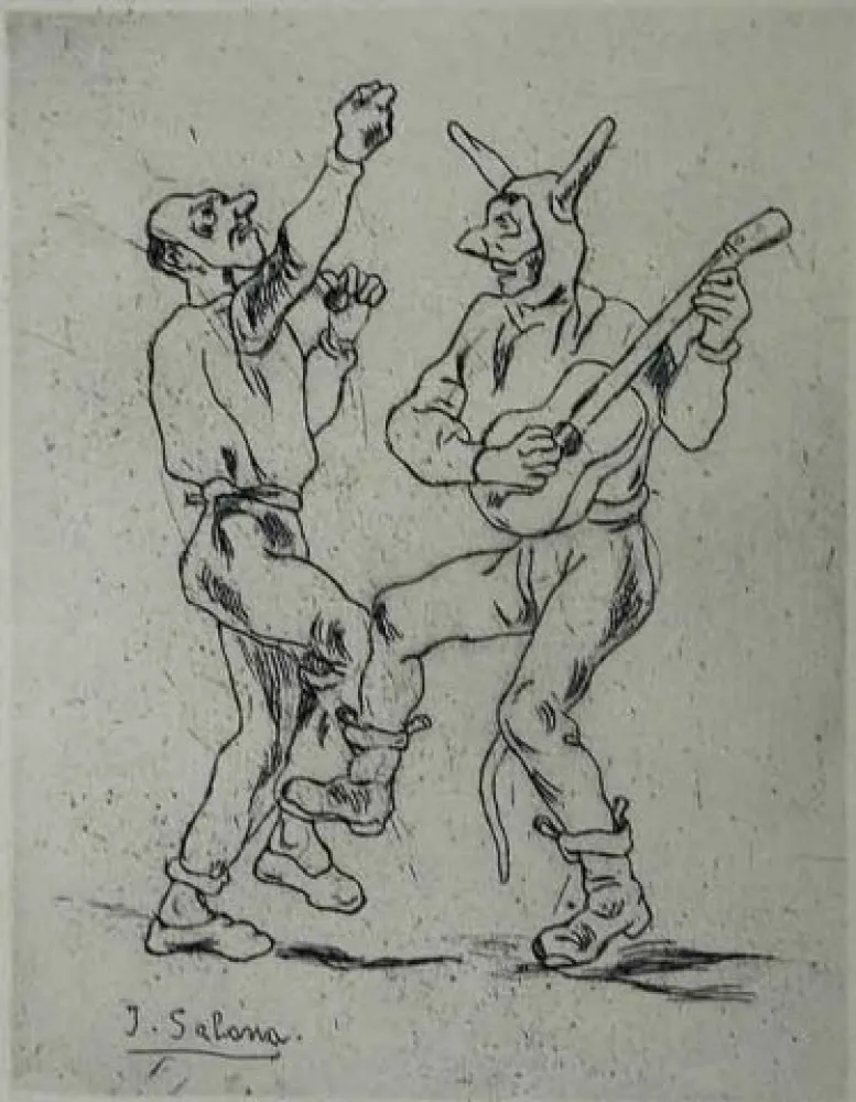 蚀刻版画 Gutiérrez Solana  - Mascaras bailando con guitarra
