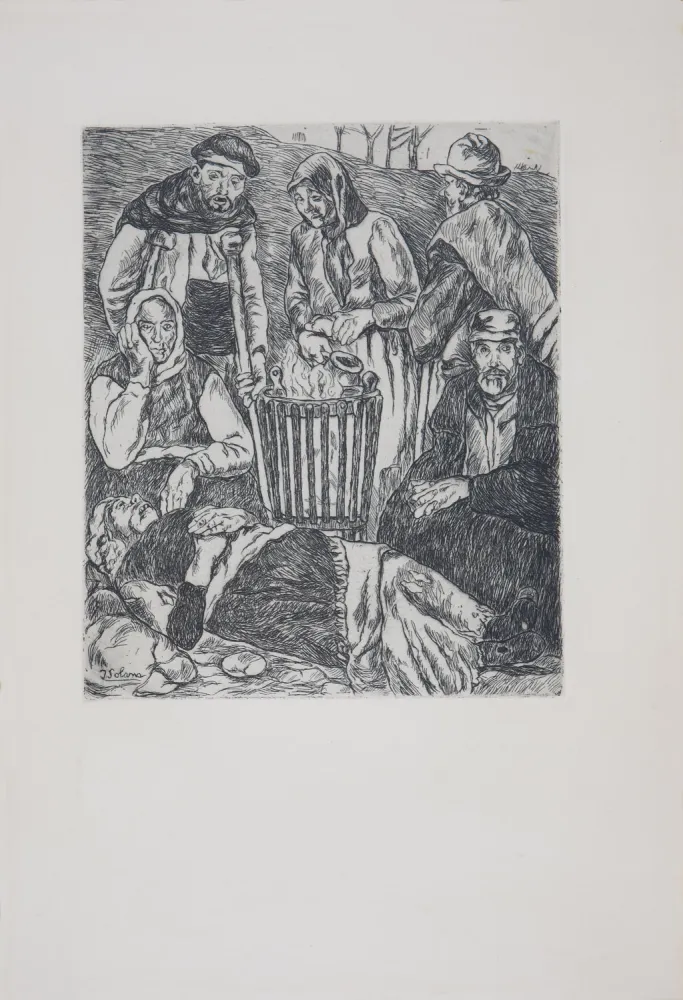 蚀刻版画 Gutiérrez Solana  - Mendigos calentándose