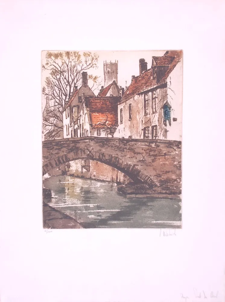 蚀刻版画 Hebbelinck - Bruges : Pont du cheval