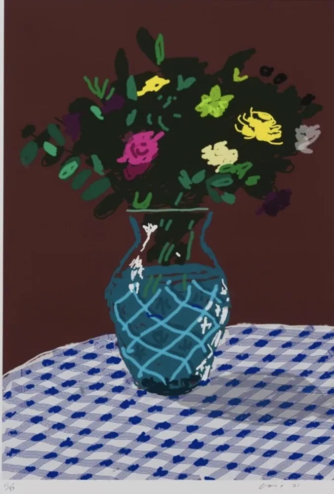 复数作品 Hockney - 21st March 2021, Purple and Yellow Flowers in a Vase
