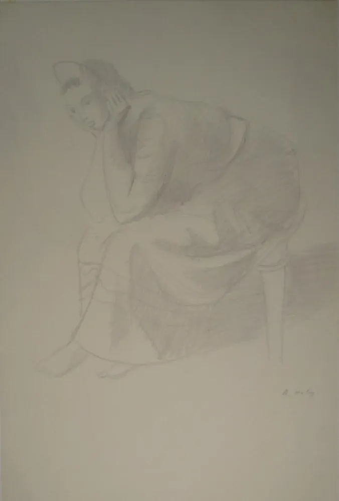 单版画 Holy - Sitzende junge Frau, den Kopf auf die Unterarme mit den Händen gestützt.