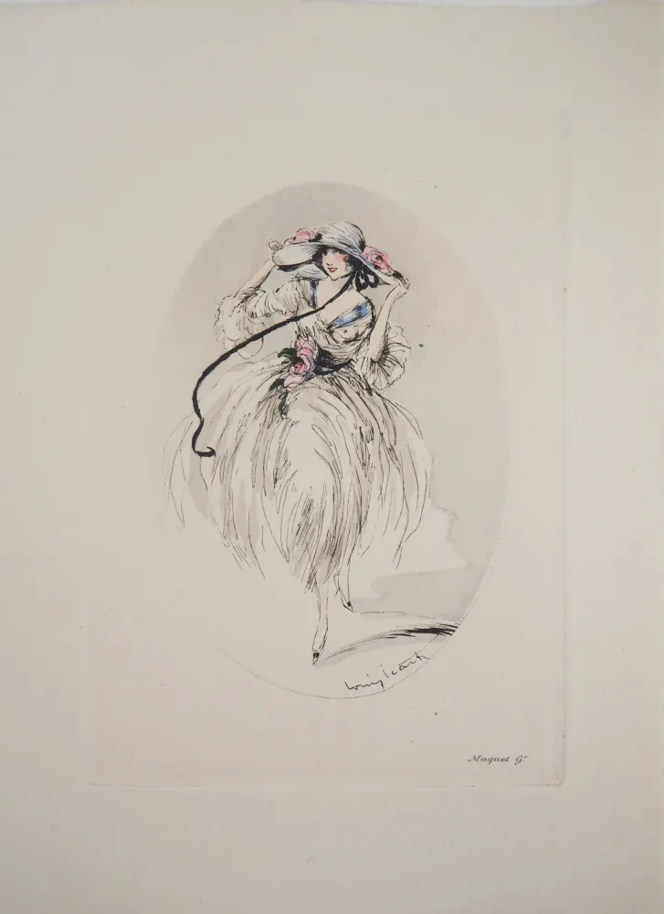 版画 Icart - Jeune femme au chapeau paré de roses