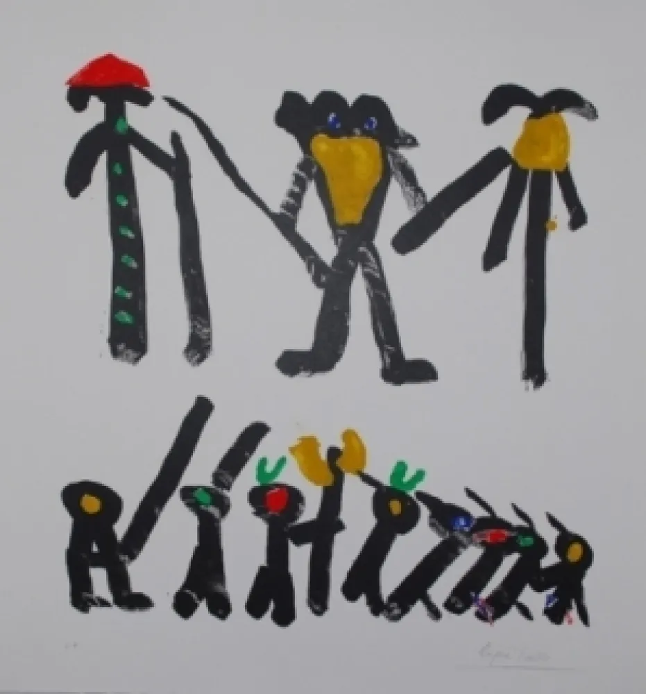 石版画 Ionesco - L'homme avec deux femmes et leurs enfants