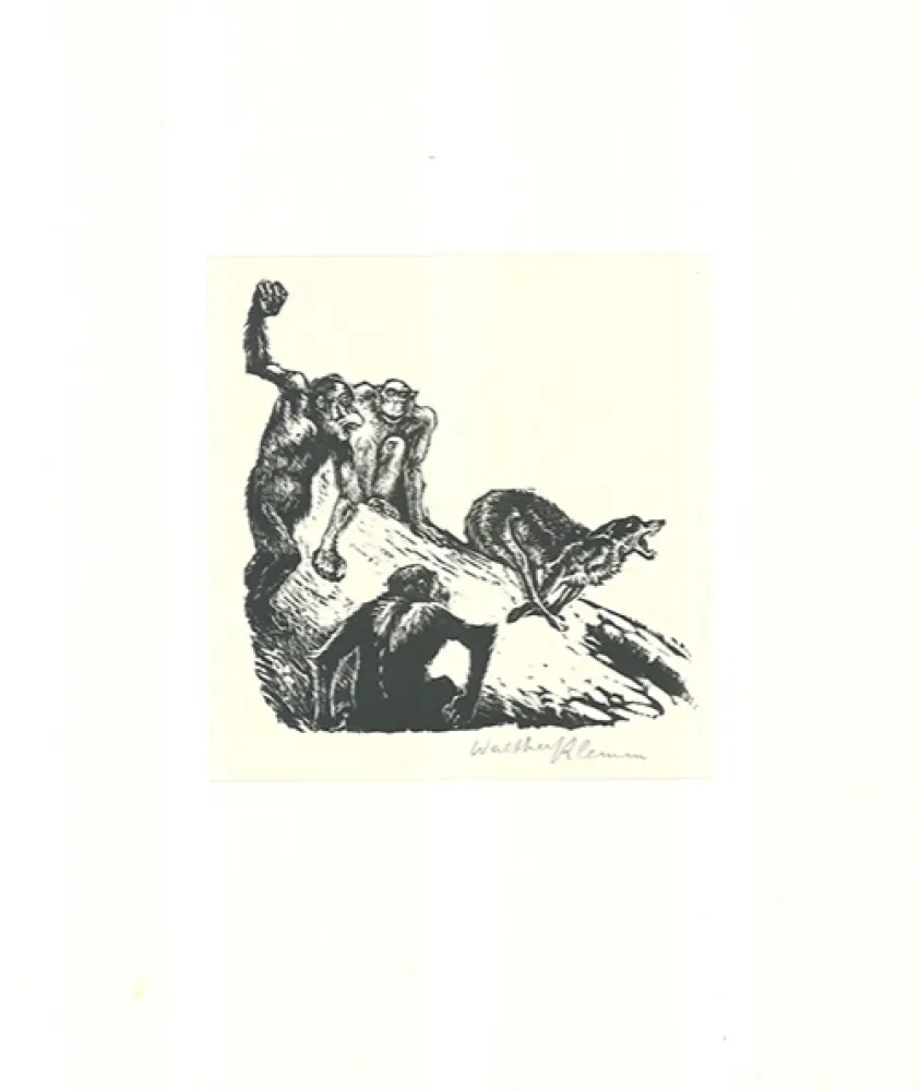 木刻 Klemm - Affen jagen den Wolf