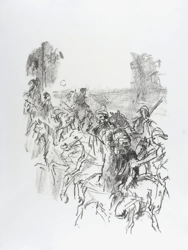 石版画 Kokoschka - Lear and his men leaving Goneril's castle, 1963
