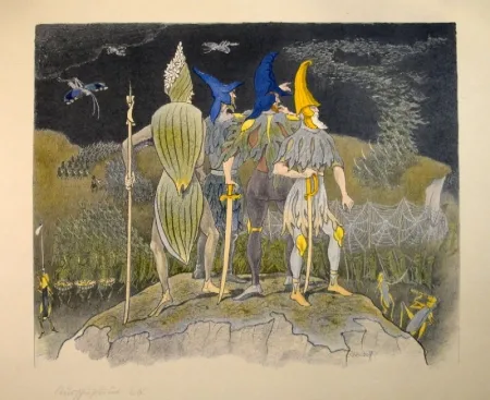 石版画 Kreidolf - “Krieg“ Germer-, Rittersporn, blauer und gelber Eisenhut-Ritter stehen als Feldherren auf einem Hügel über einem vorüberziehenden Heuschrecken-Heer.