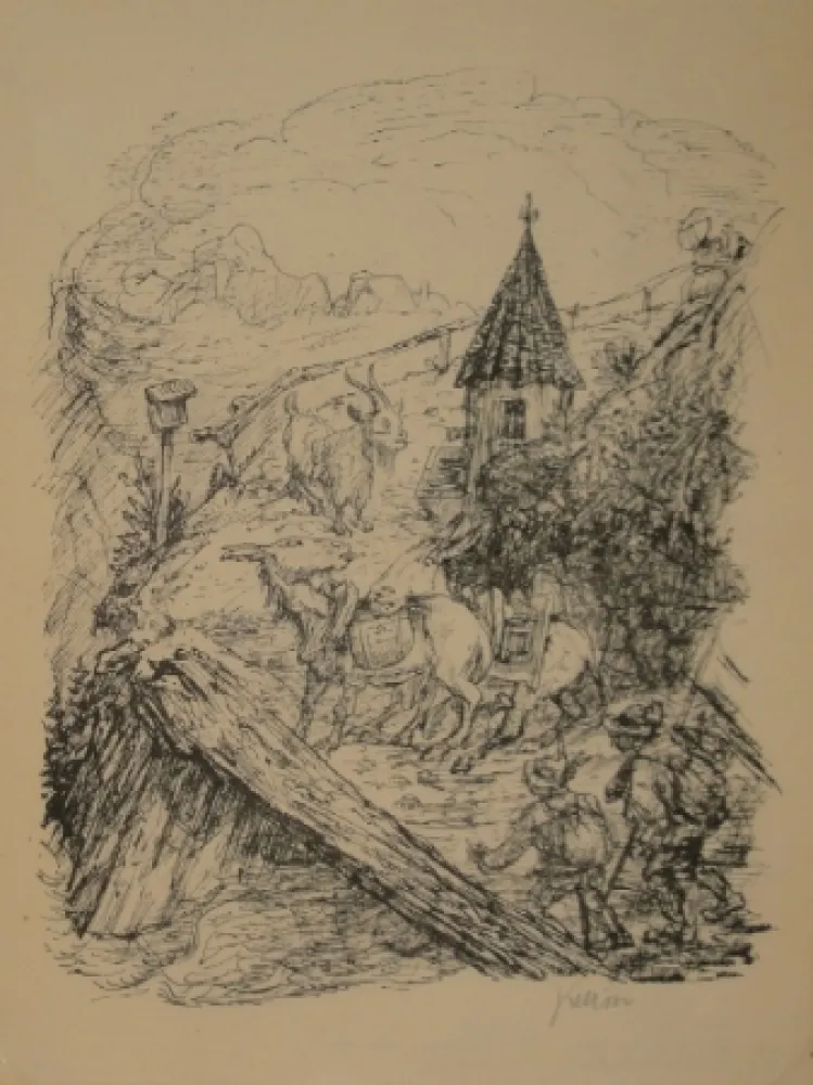 石版画 Kubin - Transport im Gebirge